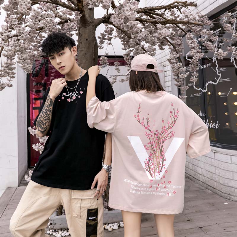 2019 여름 브랜드 디자인 빅 V 벚꽃 프린트 반팔 셔츠 코튼 하라주쿠 힙합 스트리트 의류 남성 여성 셔츠